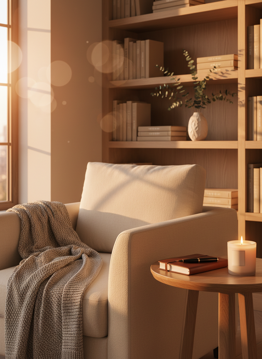 A sunlit living room corner arranged as a serene reading and reflection space, featuring a plush, oatmeal-colored armchair with a cashmere throw draped over the arm and a small round oak side table. On the table rests a leather-bound journal, a slim fountain pen, and a softly glowing soy candle in a frosted glass jar. Behind, a built-in bookshelf displays neatly arranged neutral-toned books and a single ceramic vase with eucalyptus branches. Golden hour light pours through a nearby window, creating a gentle glow and subtle bokeh in the background. Shot in photographic realism from a slightly elevated angle with rule-of-thirds composition, the mood is cozy, introspective, and sophisticated, evoking quiet evenings spent reflecting on life’s middle chapters.