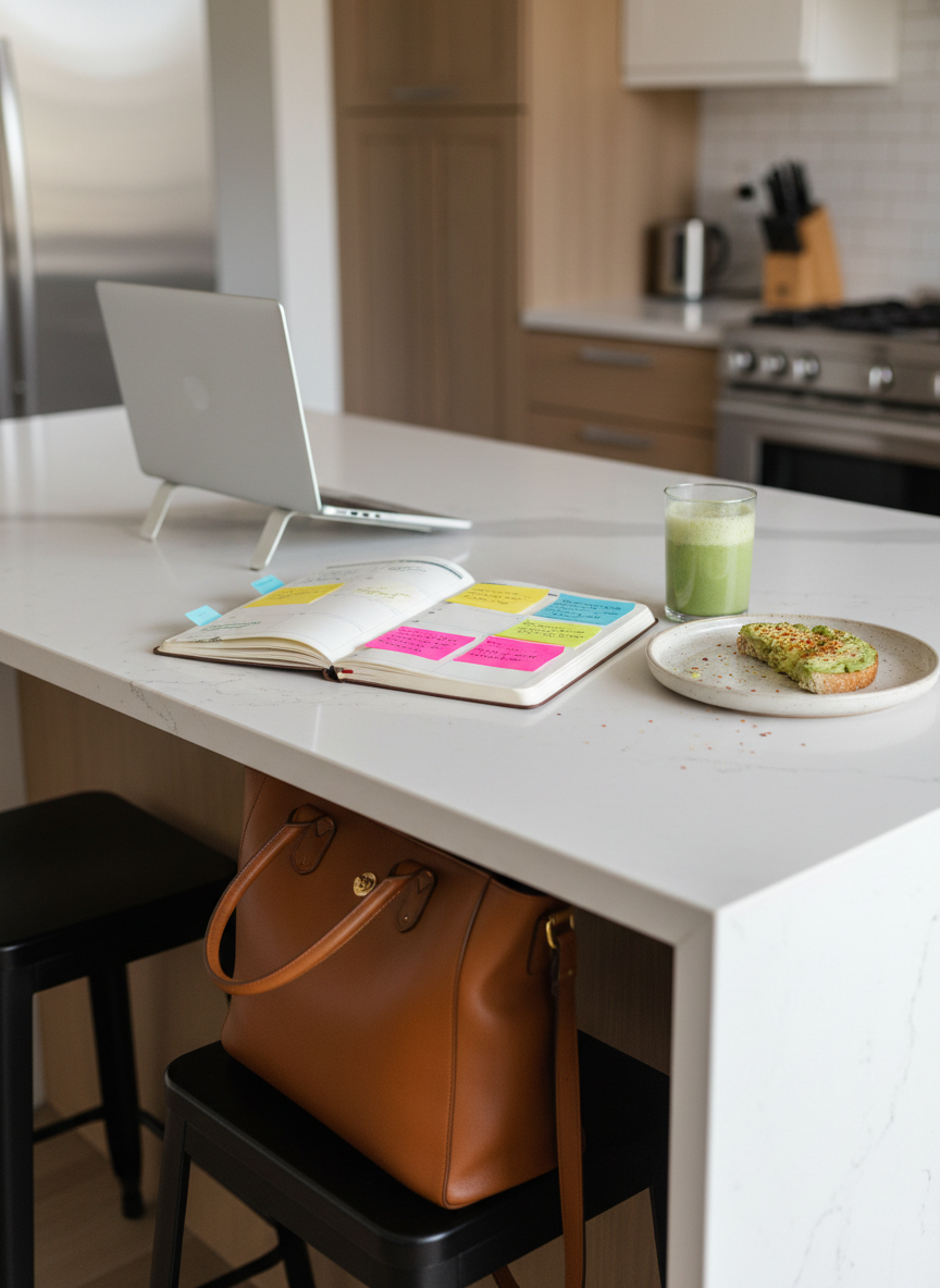 A neatly organized kitchen island styled for a busy workday morning, with a sleek closed laptop, a planner opened to a weekly spread filled with color-coded sticky notes, and a clear glass of green smoothie beside a speckled ceramic plate holding a half-eaten slice of toast. A structured leather tote bag rests on a counter stool, partially visible. The island surface is light quartz with faint veining, and the background shows a blurred, modern kitchen in warm wood and white tones. Natural daylight streams in from an unseen window, creating soft, even illumination and gentle reflections on the quartz. Captured at a three-quarter angle with photographic realism and a shallow depth of field, the mood feels organized yet lived-in, reflecting the balancing act of career and home life.