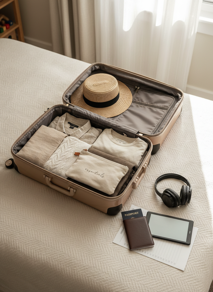 An elegant suitcase packing scene laid out on a textured, cream herringbone duvet, featuring an open hard-shell suitcase in a champagne metallic finish. Inside, neatly folded neutral-toned clothing, a woven straw hat, a soft cashmere sweater, and a small zippered pouch labeled “essentials” are arranged with care. Beside the suitcase, a closed passport in a leather cover, noise-canceling headphones, and a slim e-reader rest atop a linen travel checklist. Soft afternoon light filters through sheer curtains, creating gentle shadows and a warm, inviting wash across the fabric textures. Photographic realism with a clean, sophisticated aesthetic, captured from a slightly elevated, overhead angle to showcase thoughtful organization. The atmosphere feels calm, anticipatory, and aspirational, evoking mindful travel in the midst of family life.