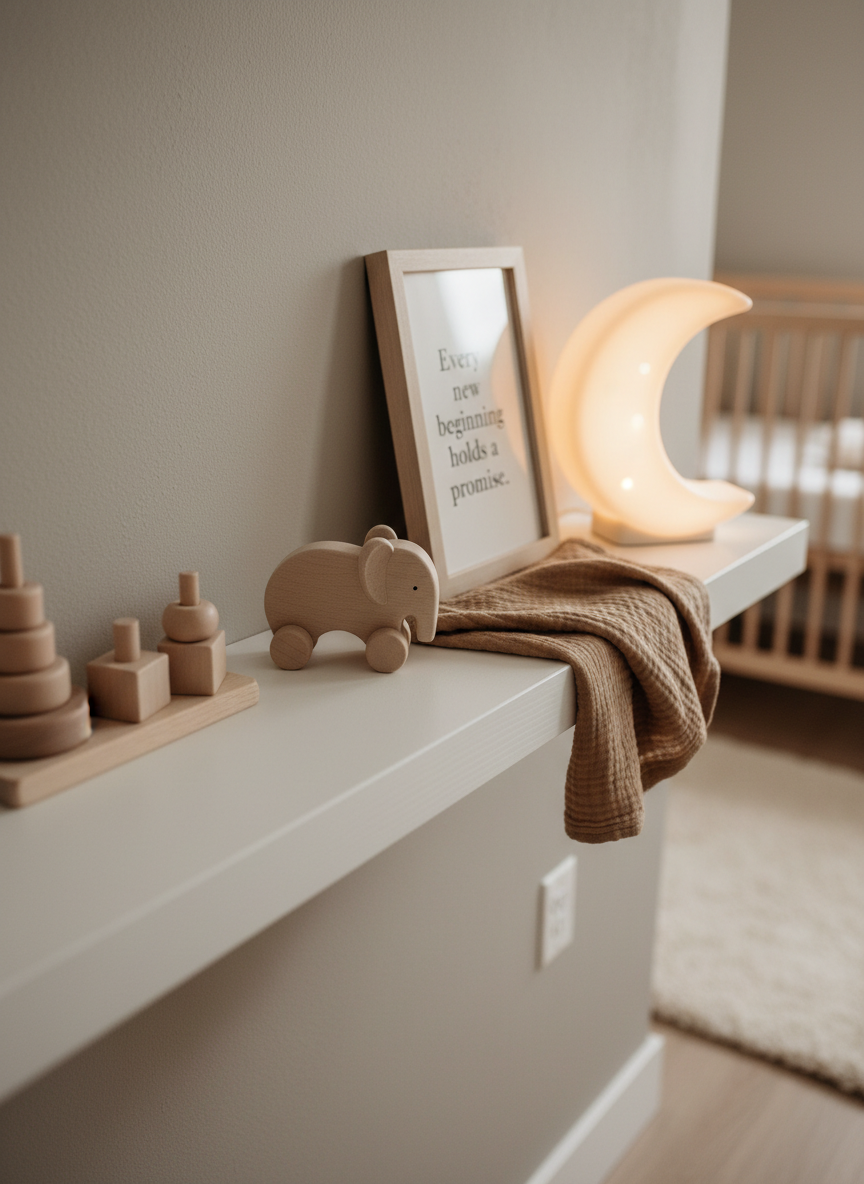 A nursery shelf vignette styled in soft, neutral tones, featuring a row of minimalist wooden toys, a folded organic cotton baby blanket in a warm taupe hue, and a small framed quote about new beginnings printed in delicate serif type. A ceramic nightlight shaped like a crescent moon glows faintly, casting a gentle, ambient light onto the wall behind. The shelf is matte white with subtle wood grain visible along the edge. Background elements, softly blurred, suggest a crib and a plush rug in muted tones. The lighting is a blend of diffused natural daylight and the warm glow of the nightlight, creating a tender, hopeful atmosphere. Photographic realism, captured at eye level with a shallow depth of field, embodies the quiet anticipation of growing a family.